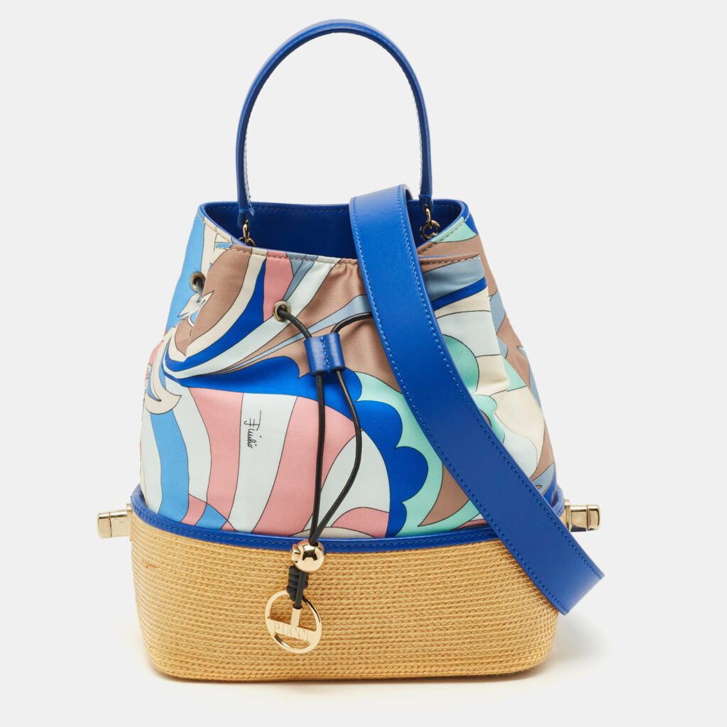 Emilio Pucci Bonita Multicolor Printed Satin and Woven Straw Bucket Bag Emilio Pucci Bonita Multicolor Printed Satin and Woven Straw Bucket Bag