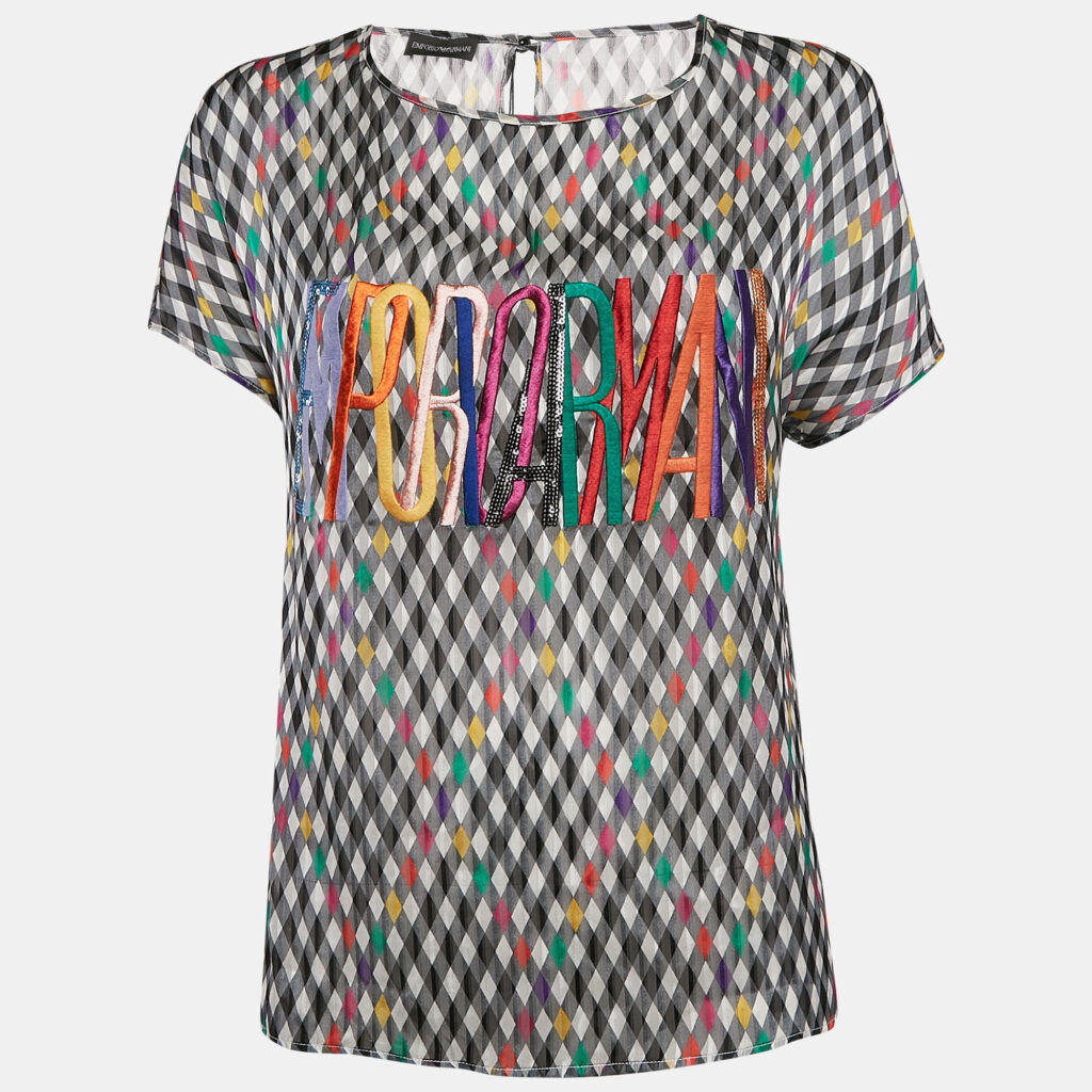Emporio Armani Multicolor Checked and Logo Embroidery Silk Top S