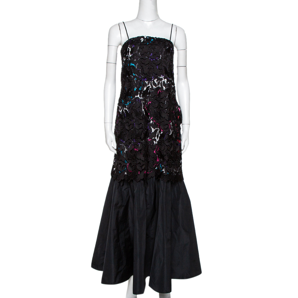 Emporio Armani Black Printed Satin & Lace Overlay Maxi Dress S Emporio Armani Black Printed Satin & Lace Overlay Maxi Dress S