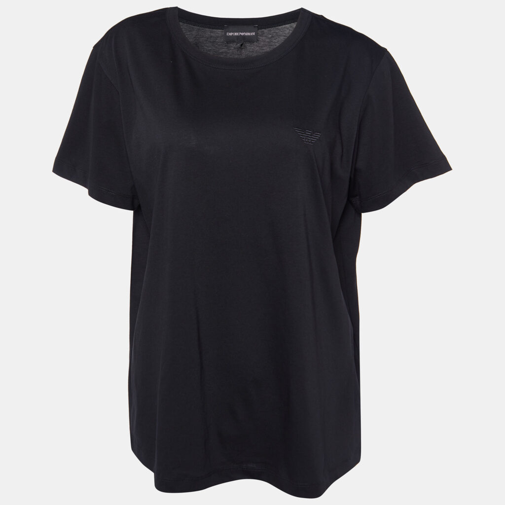 Emporio Armani Black Velour Pattern Cotton Knit T-Shirt L
