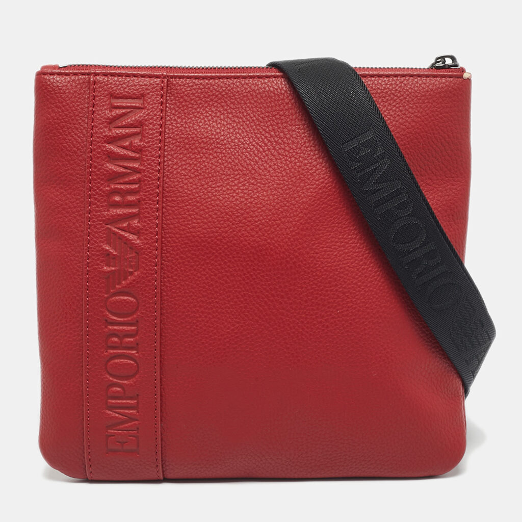 Emporio Armani Red/Black Leather Logo Embossed Flat Messenger Bag Emporio Armani Red/Black Leather Logo Embossed Flat Messenger Bag