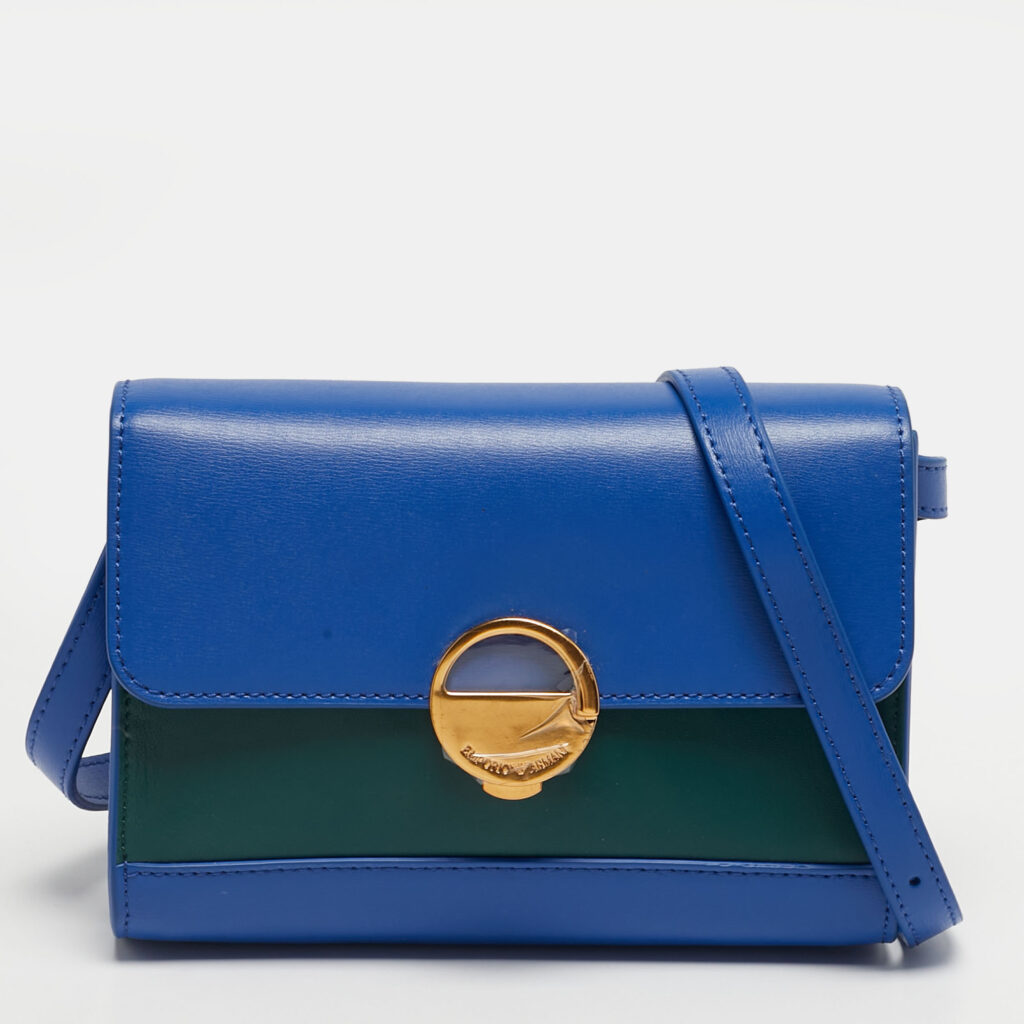 Emporio Armani Blue/Green Leather Metal Clasp Flap Crossbody Bag