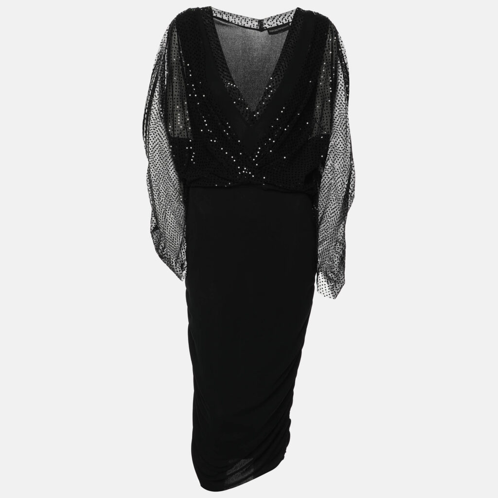 Emporio Armani Black Dotte Tulle Draped Tunic Dress M Emporio Armani Black Dotte Tulle Draped Tunic Dress M