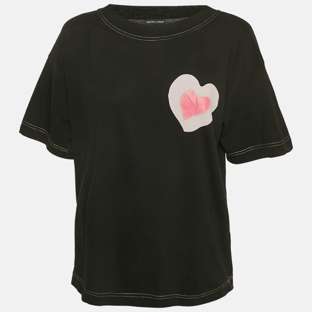 Emporio Armani Black Heart Print Cotton Round Neck T-Shirt L Emporio Armani Black Heart Print Cotton Round Neck T-Shirt L