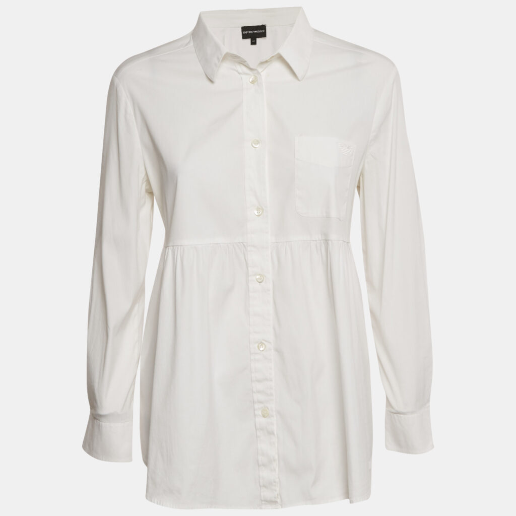 Emporio Armani White Logo Applique Cotton Full Sleeve Shirt M