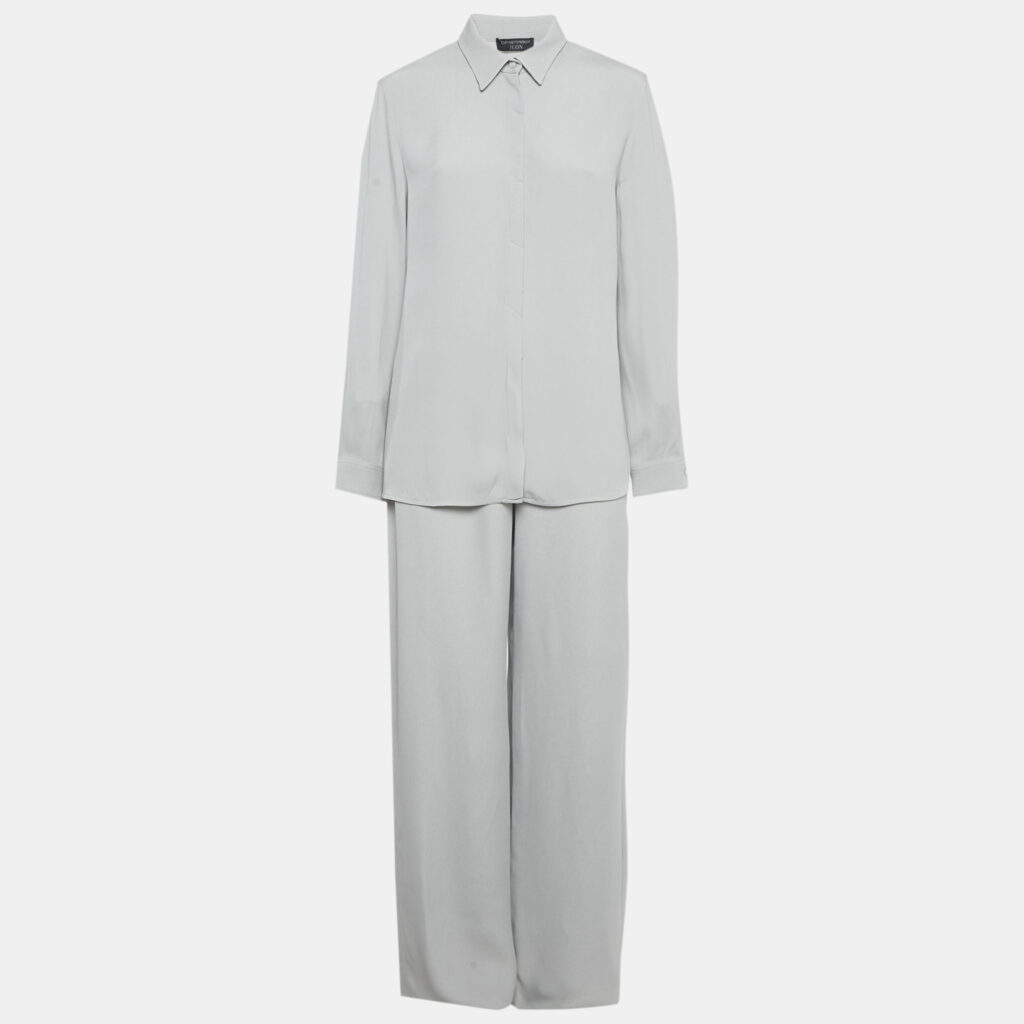 Emporio Armani Icon Grey Crepe Candy Top & Palazzo Trousers Set M Emporio Armani Icon Grey Crepe Candy Top & Palazzo Trousers Set M