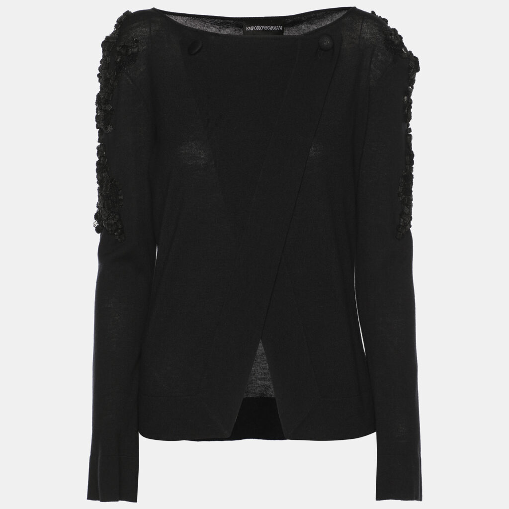 Emporio Armani Black Stretch Knit Embellished Cardigan S Emporio Armani Black Stretch Knit Embellished Cardigan S