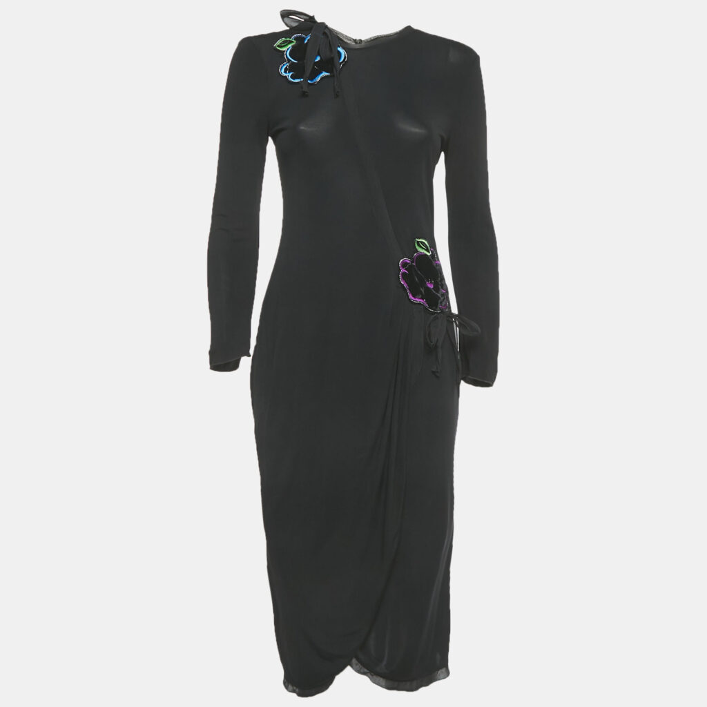 Emporio Armani Black Floral Patch Jersey Midi Dress M