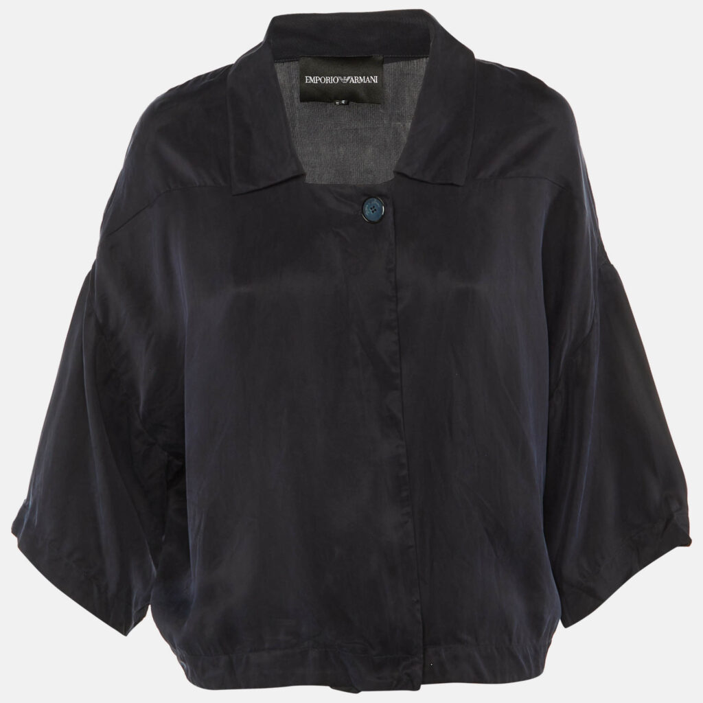 Emporio Armani Navy Blue Sateen Open Front Top M