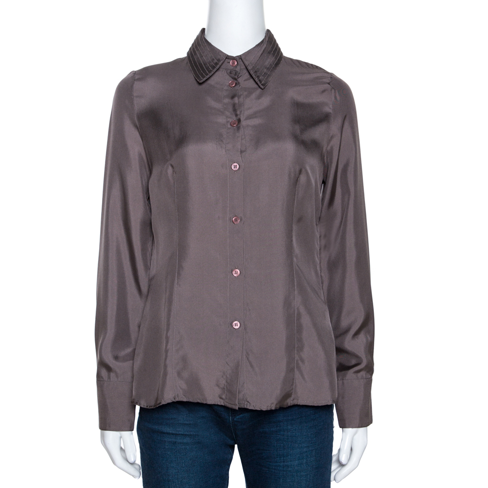 Emporio Armani Taupe Silk Collar Detail Shirt S Emporio Armani Taupe Silk Collar Detail Shirt S