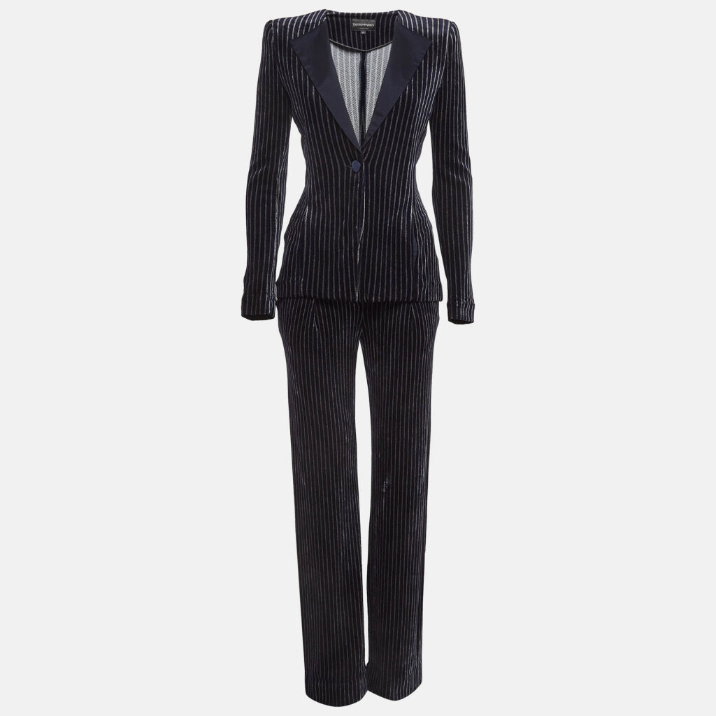 Emporio Armani Navy Blue Stripe Velvet Knit Blazer and Pants Suit M Emporio Armani Navy Blue Stripe Velvet Knit Blazer and Pants Suit M