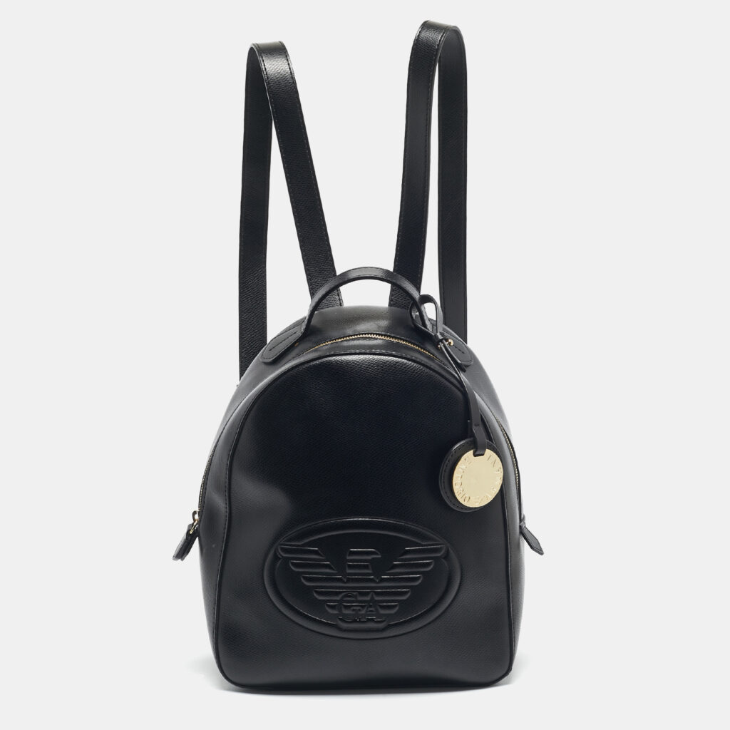 luxury-women-emporio-armani-used-handbags-p1193357-011-1.jpg Emporio Armani Black Faux Leather Small Logo Backpack