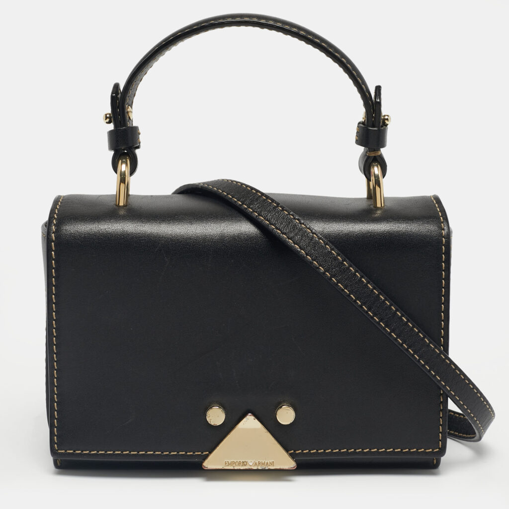 Emporio Armani Black Leather Flap Top Handle Bag