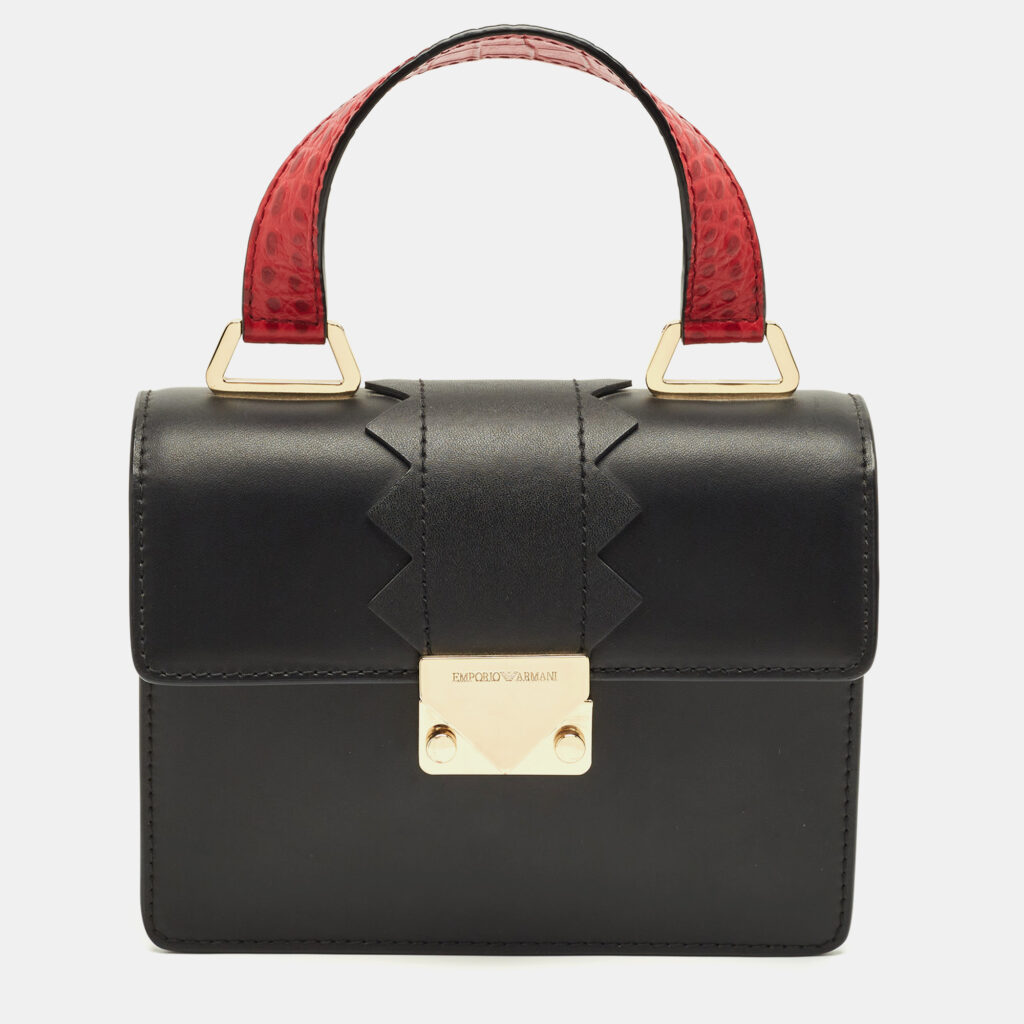 luxury-women-emporio-armani-used-handbags-p1231375-001-1.jpg Emporio Armani Black/Red Croc Embossed and Leather Metal Flap Top Handle Bag