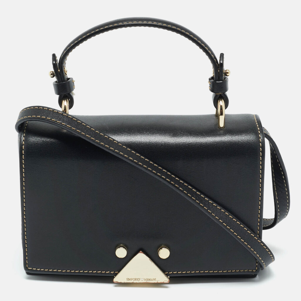 Emporio Armani Black Leather Stud Flap Top Handle Bag