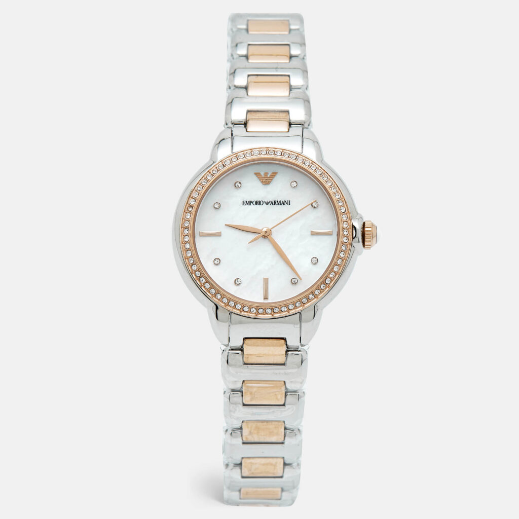Emporio Armani MIa AR11569 Mother Of Pearl Dial Crystal Embellished Two-Tone Stainless Steel Women's Wristwatch 32 mm Emporio Armani MIa AR11569 Mother Of Pearl Dial Crystal Embellished Two-Tone Stainless Steel Women's Wristwatch 32 mm