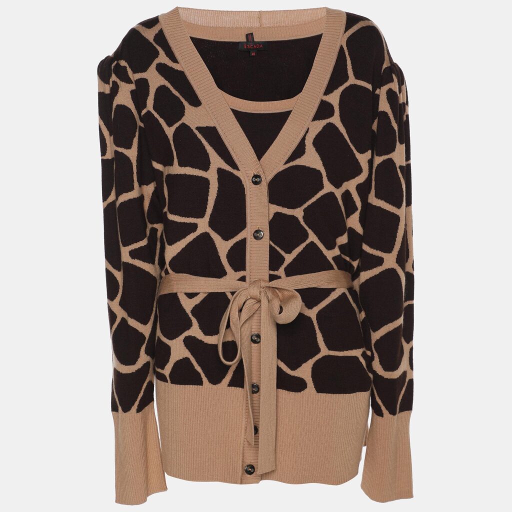 Escada Brown Printed Knit Button Front Sweater XL Escada Brown Printed Knit Button Front Sweater XL