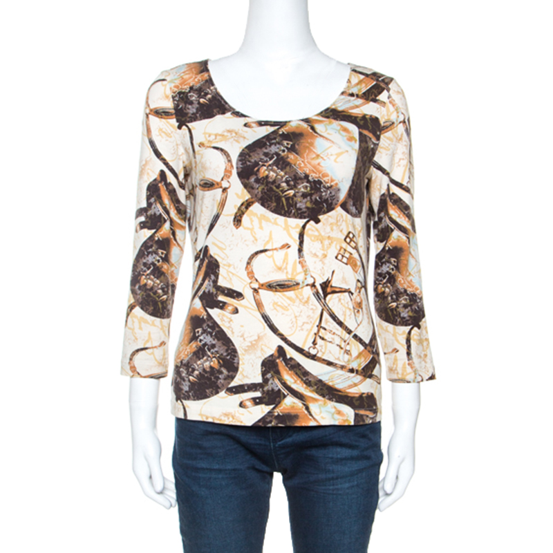 Escada Beige Jersey Saddle Print Long Sleeves Top M