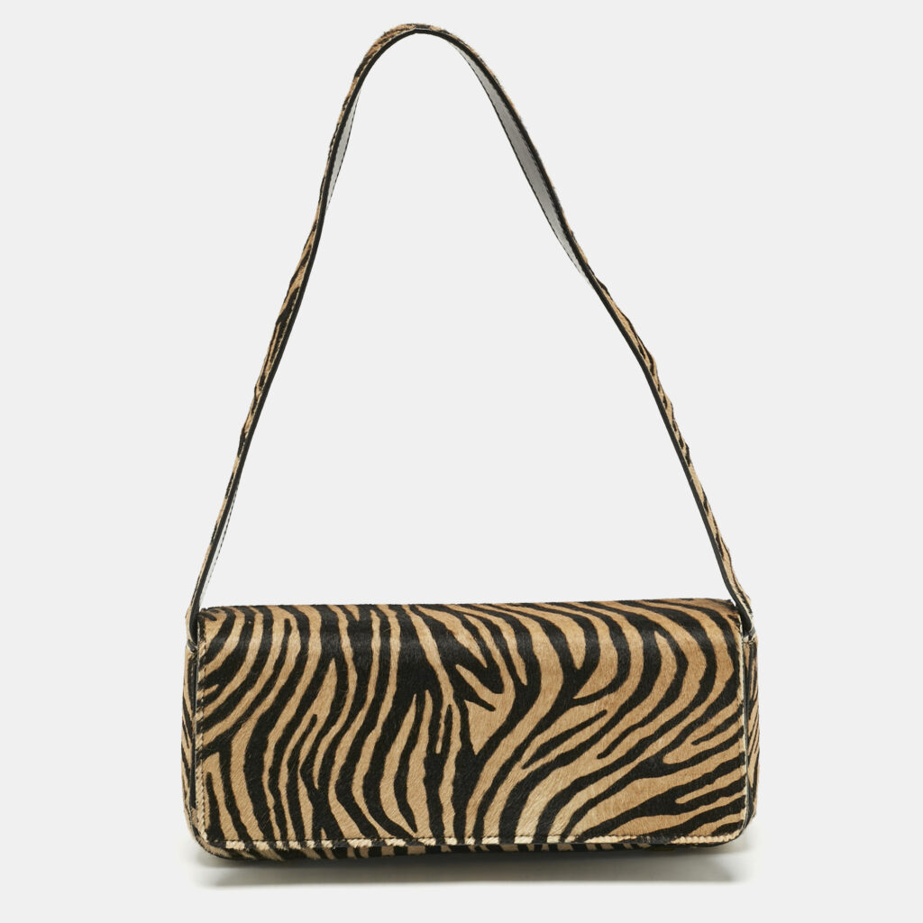 Escada Brown/Black Zebra Print Calfhair Flap Shoulder Bag