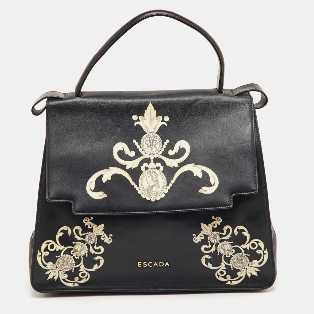 luxury-women-escada-used-handbags-p1245385-004-1.jpg Escada Black Leather Elegant Baroque Print Top Handle Bag
