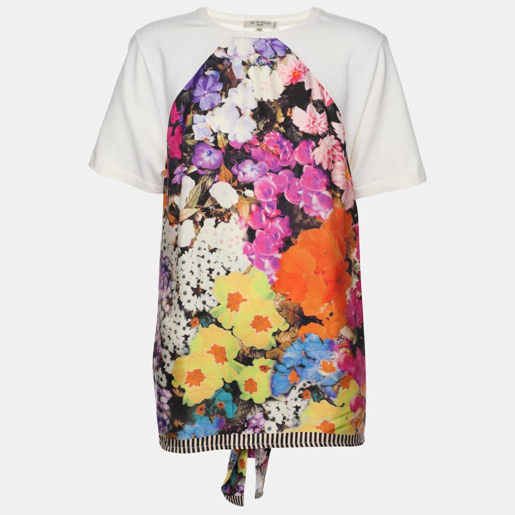 Etro Cream/Multicolor Cotton and Printed Silk T-Shirt M Etro Cream/Multicolor Cotton and Printed Silk T-Shirt M