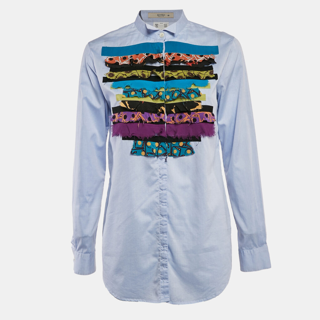 luxury-women-etro-used-clothes-p1121829-001-1.jpg Etro Blue Cotton and Silk Ruffled Shirt M