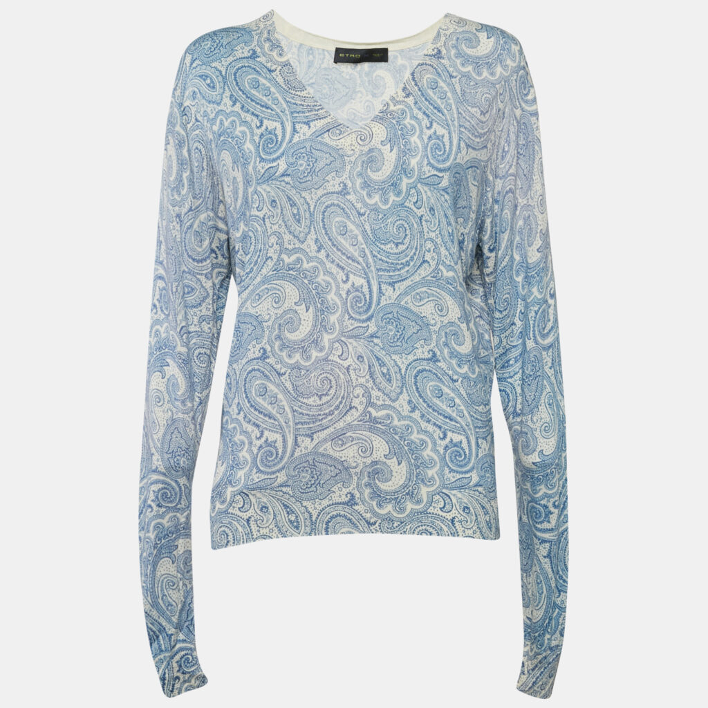 Etro Blue Paisley Print Wool & Silk Sweater M