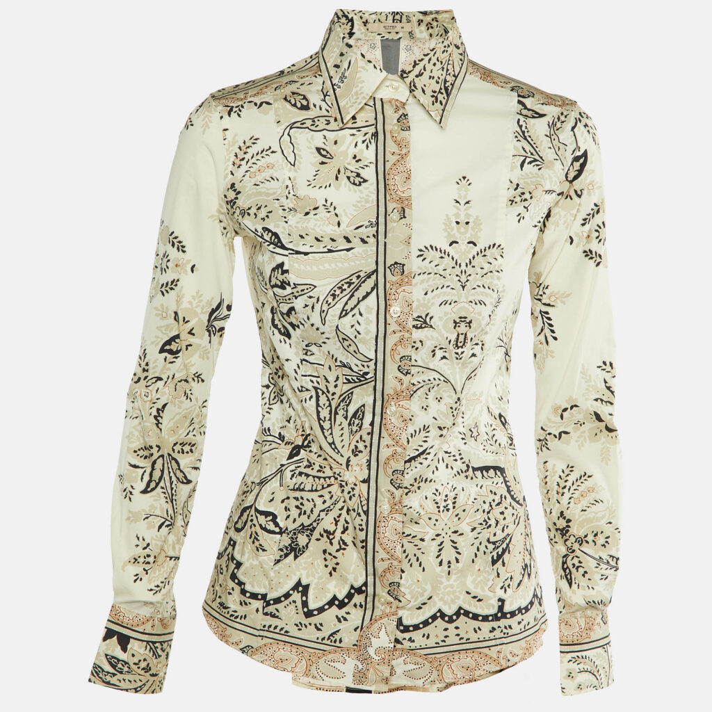 Etro Cream Floral Paisley Print Cotton Button Front Shirt S Etro Cream Floral Paisley Print Cotton Button Front Shirt S
