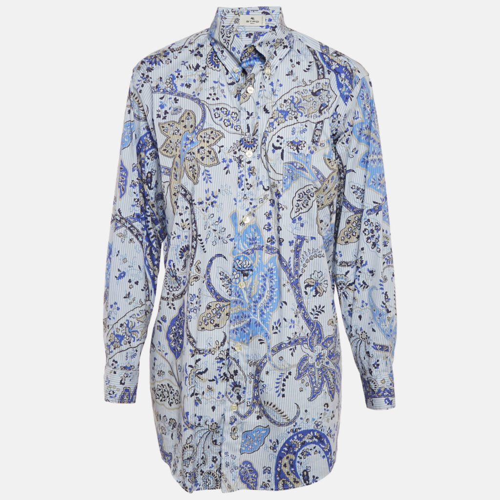 Etro Blue Printed Cotton Blend Button Front Shirt XS Etro Blue Printed Cotton Blend Button Front Shirt XS