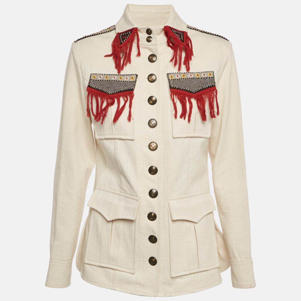 Etro Off-White Herringbone Cotton Patchwork Detail Button Front Jacket S