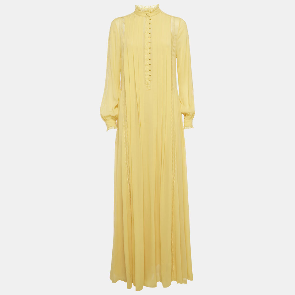 Etro Yellow Silk Georgette Lace Detail Pleated Maxi Dress XS Etro Yellow Silk Georgette Lace Detail Pleated Maxi Dress XS