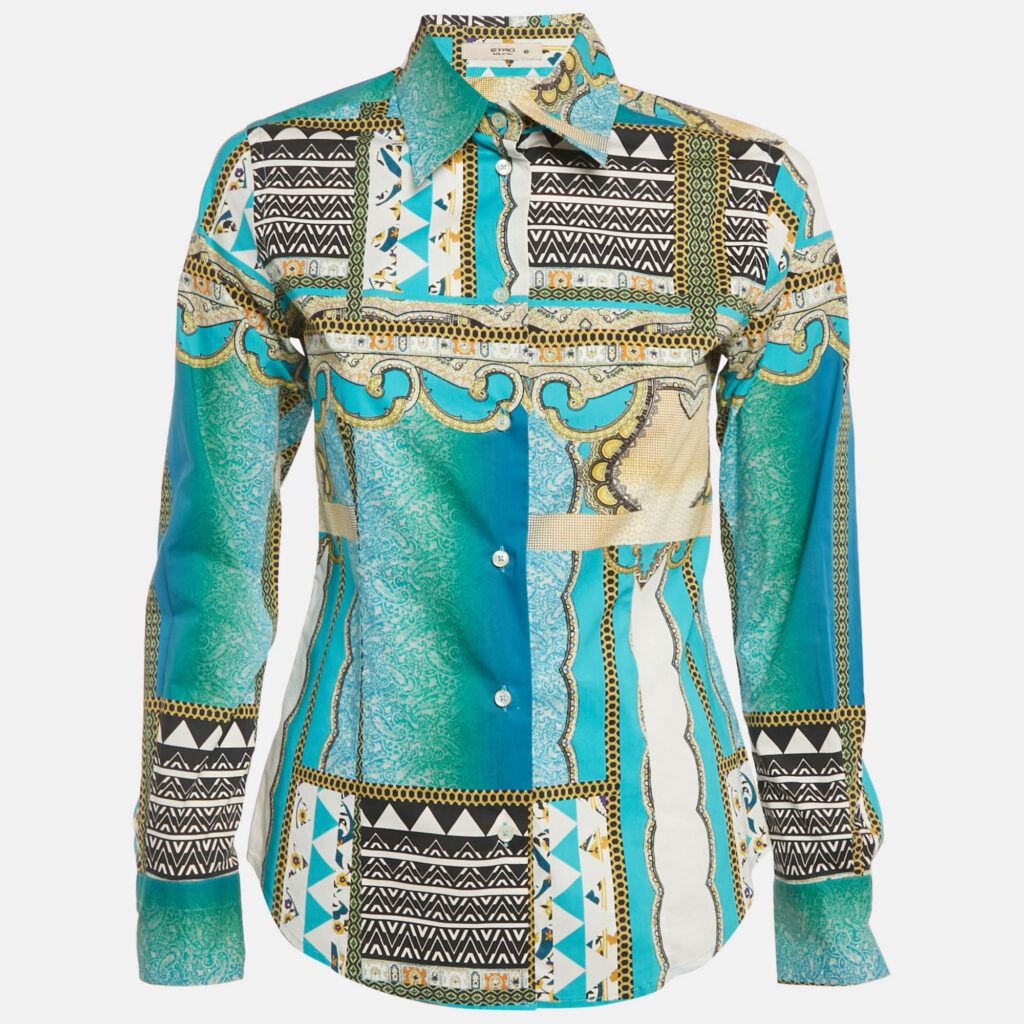 Etro Blue Paisley Print Stretch Cotton Tribal Accent Shirt S Etro Blue Paisley Print Stretch Cotton Tribal Accent Shirt S