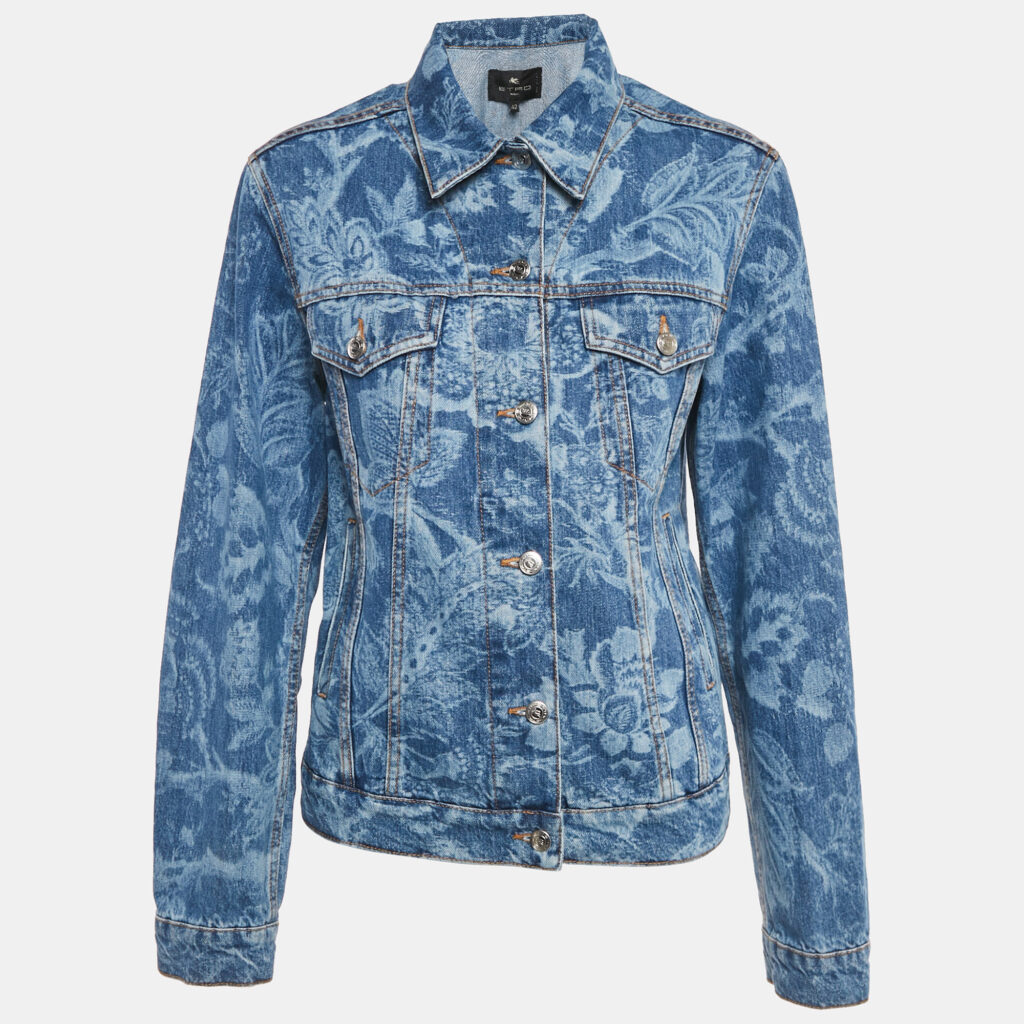Etro Blue Floral Pattern Denim Jacket M Etro Blue Floral Pattern Denim Jacket M