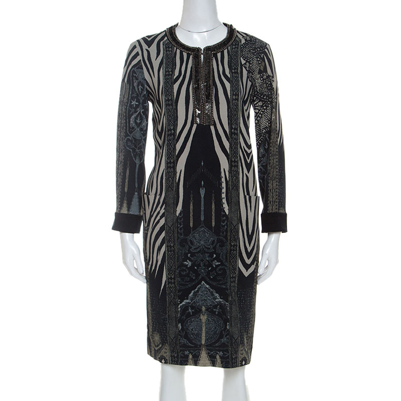 Etro Grey Zebra Print Embellished Neckline Shift Dress M Etro Grey Zebra Print Embellished Neckline Shift Dress M