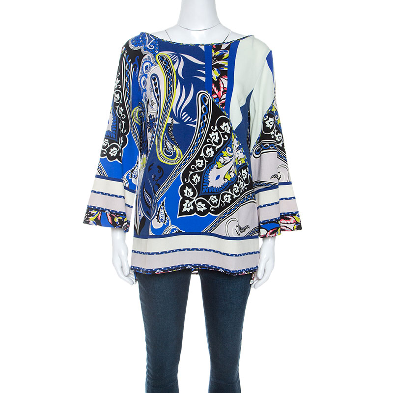 Etro Blue Printed Wool Crepe Top L Etro Blue Printed Wool Crepe Top L