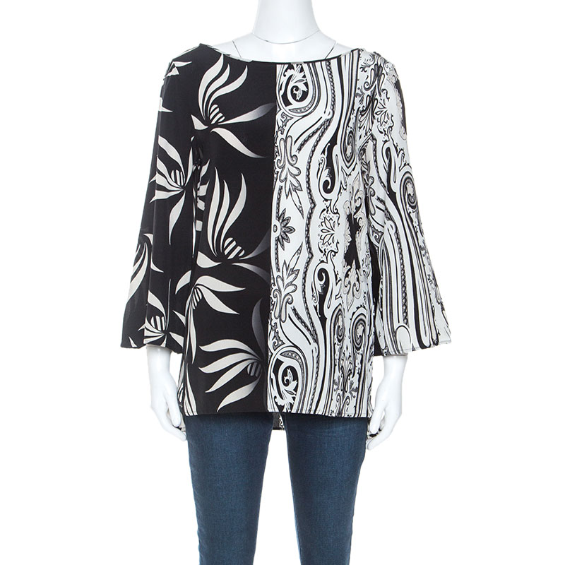 Etro Monochrome Paisley and Leaf Print Silk Blouse M Etro Monochrome Paisley and Leaf Print Silk Blouse M