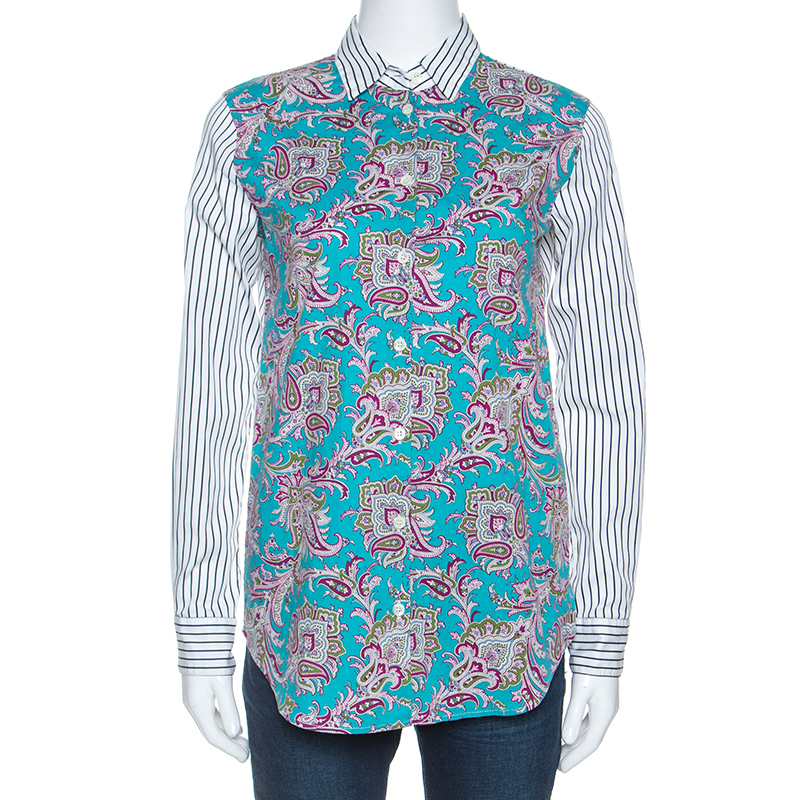 Etro Multicolor Paisley and Striped Print Cotton Button Front Shirt S Etro Multicolor Paisley and Striped Print Cotton Button Front Shirt S