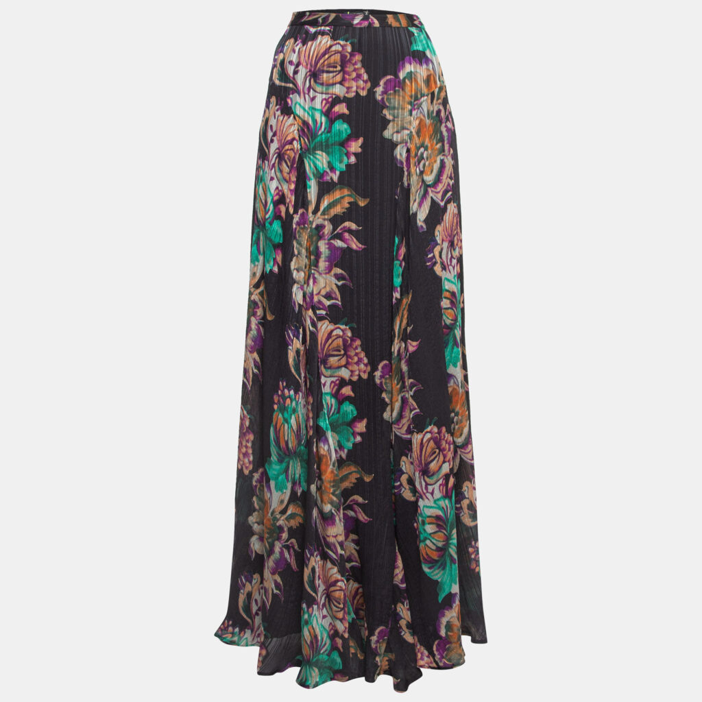 Etro Black Floral Printed Crinkled Silk Maxi Skirt M