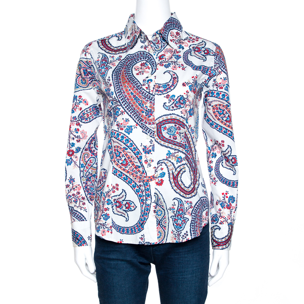 Etro White Floral Paisley Print Stretch Cotton Shirt S Etro White Floral Paisley Print Stretch Cotton Shirt S