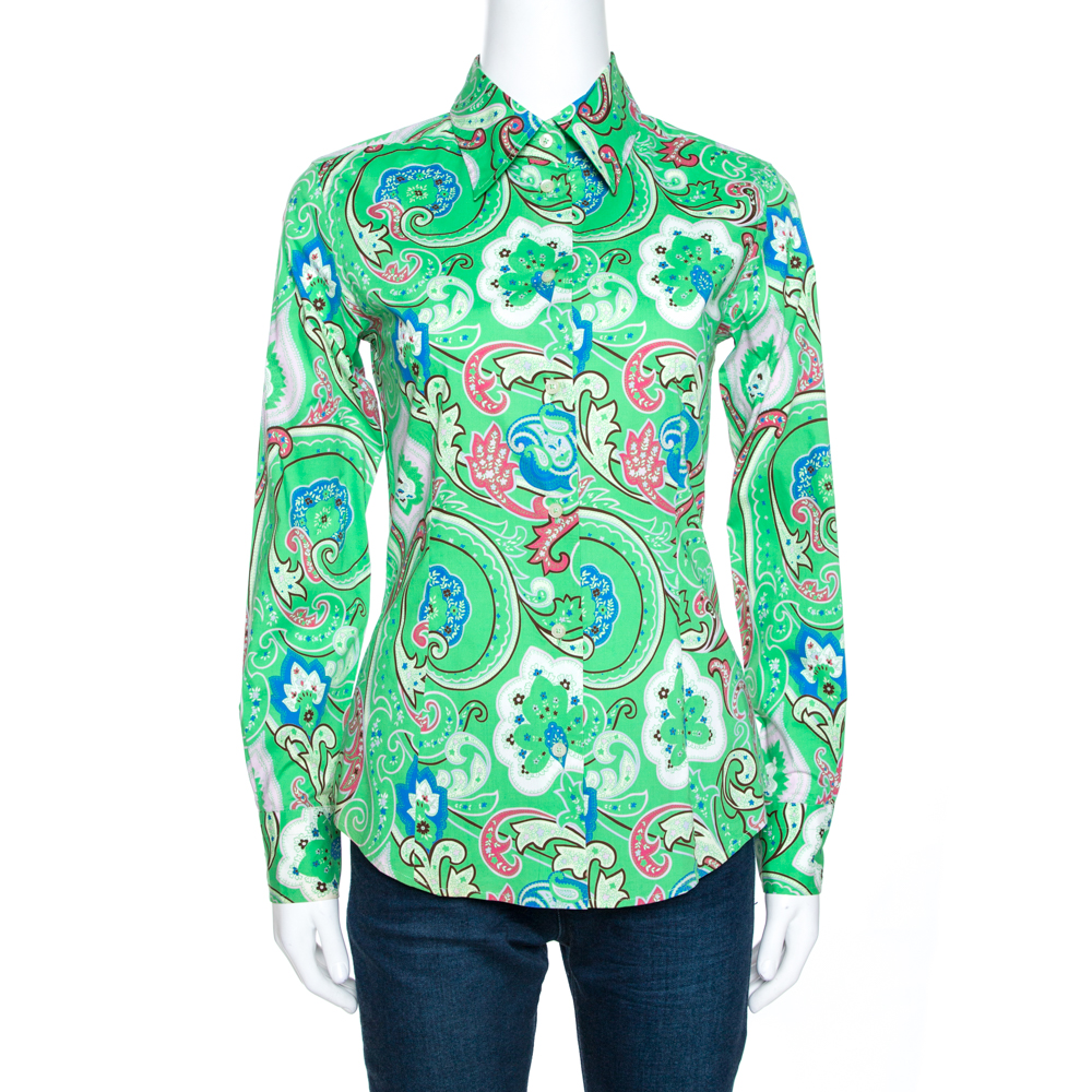 Etro Green Floral Paisley Print Stretch Cotton Shirt S Etro Green Floral Paisley Print Stretch Cotton Shirt S