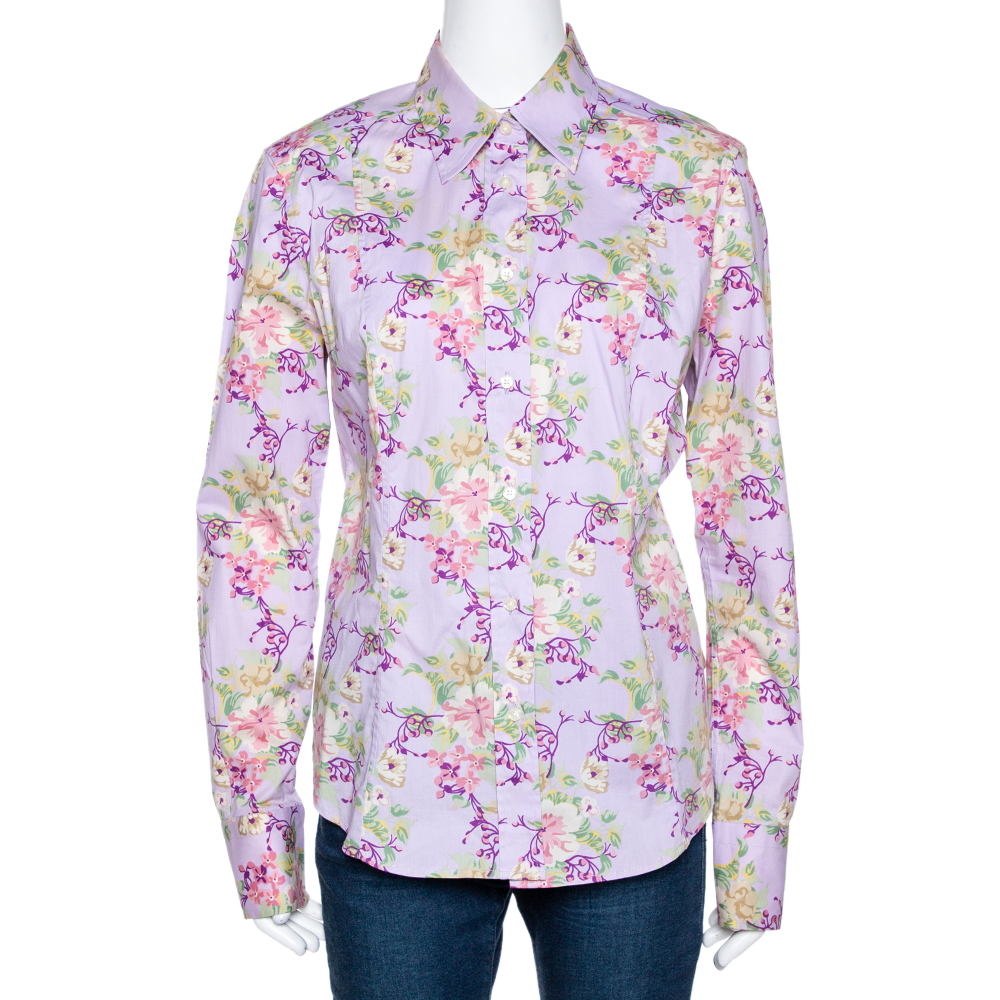 Etro Mauve Floral Printed Cotton Button Front Fitted Shirt L Etro Mauve Floral Printed Cotton Button Front Fitted Shirt L