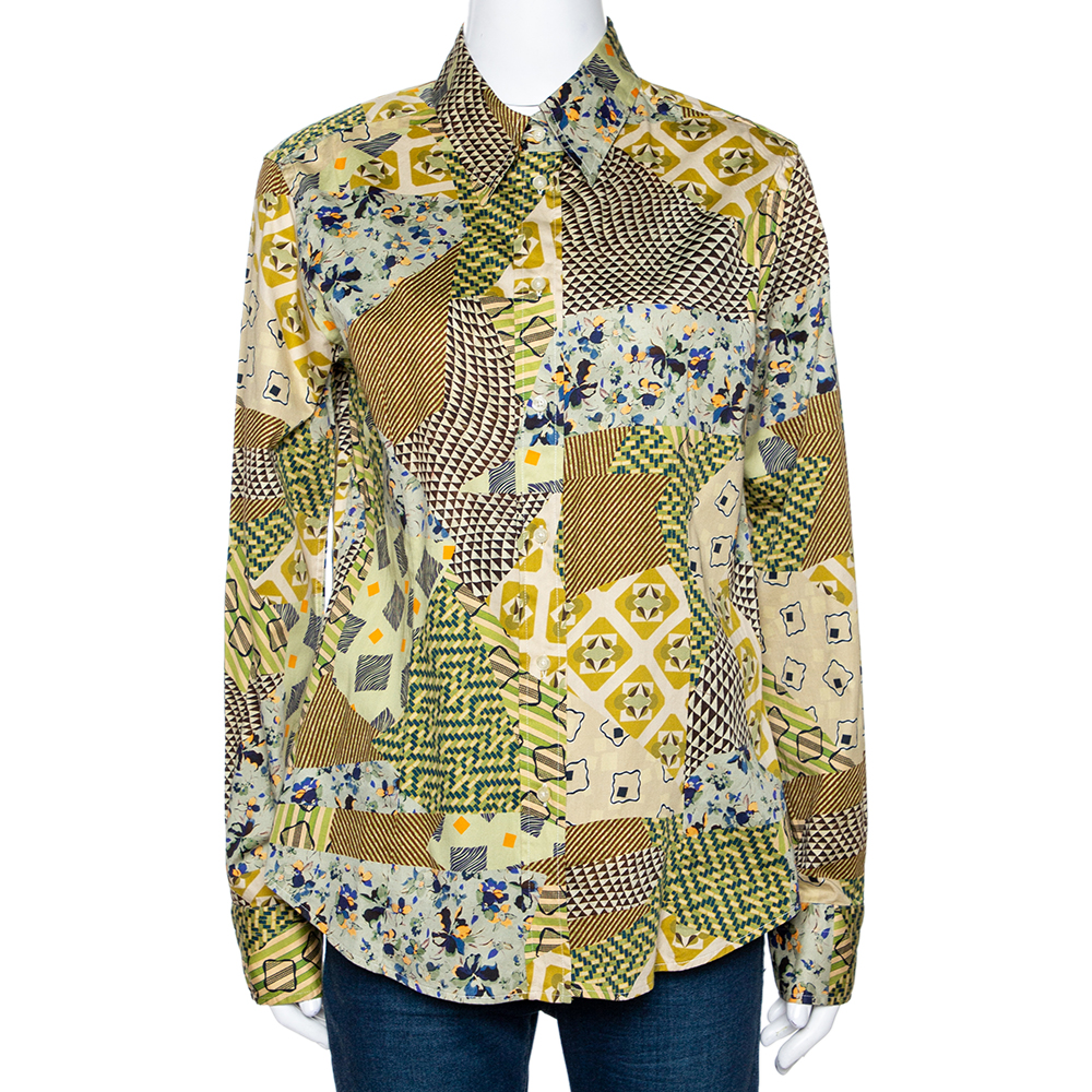 Etro Yellow Stretch Cotton Multi Print Button Front Shirt L Etro Yellow Stretch Cotton Multi Print Button Front Shirt L