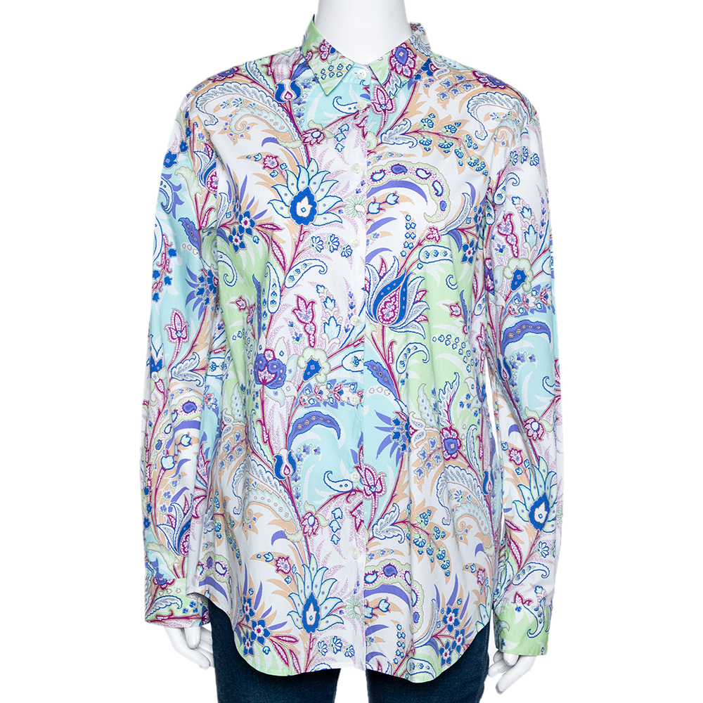 Etro Multicolor Paisley Printed Stretch Cotton Button Front Shirt L Etro Multicolor Paisley Printed Stretch Cotton Button Front Shirt L
