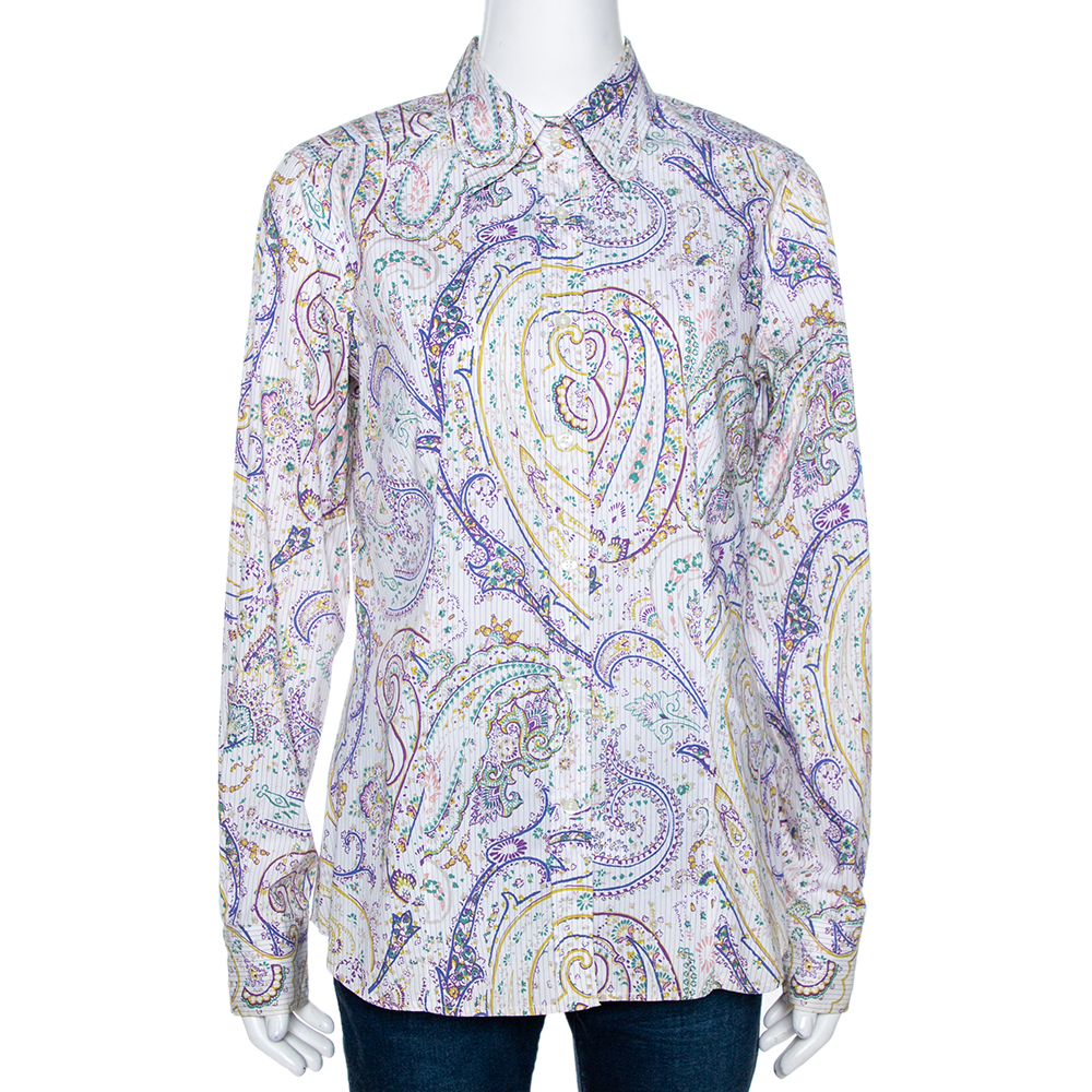 Etro Multicolor Striped Paisley Printed Cotton Button Front Shirt L Etro Multicolor Striped Paisley Printed Cotton Button Front Shirt L