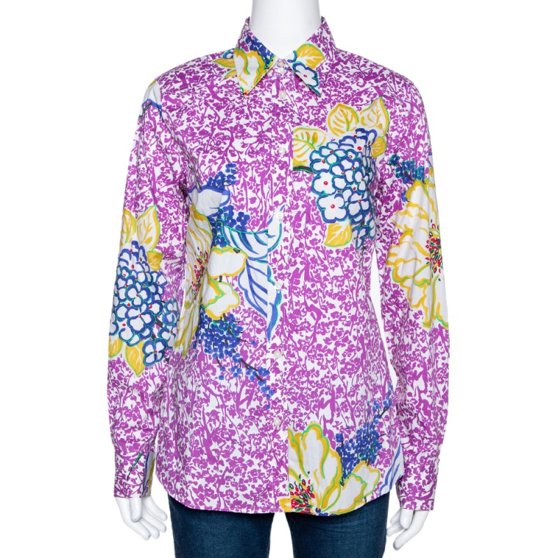 Etro Purple Floral Print Stretch Cotton Long Sleeve Shirt L Etro Purple Floral Print Stretch Cotton Long Sleeve Shirt L