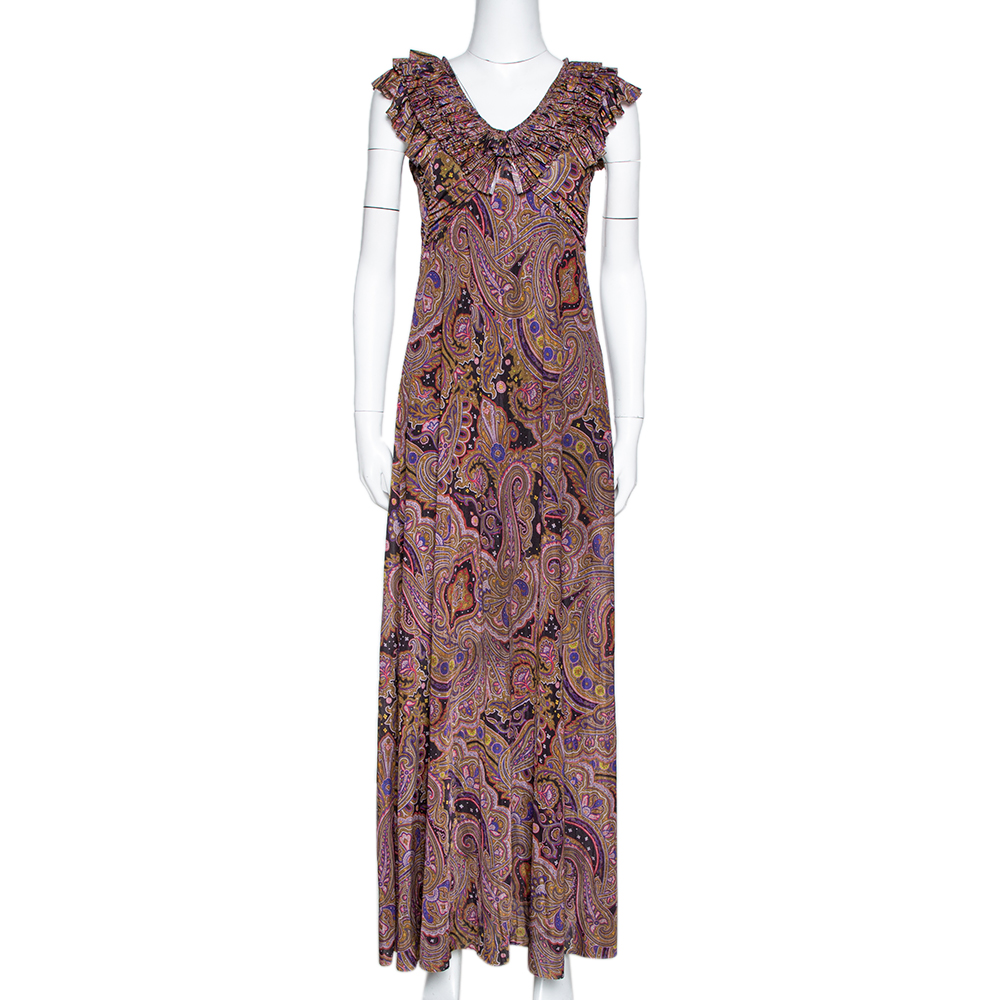 Etro Olive Green Paisley Print Stretch Jersey Ruffled Maxi Dress S Etro Olive Green Paisley Print Stretch Jersey Ruffled Maxi Dress S