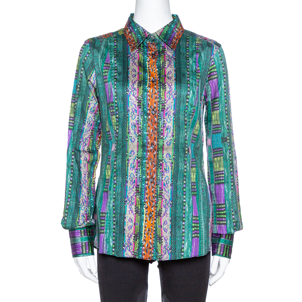 Etro Green Printed Stretch Cotton Long Sleeve Shirt L Etro Green Printed Stretch Cotton Long Sleeve Shirt L