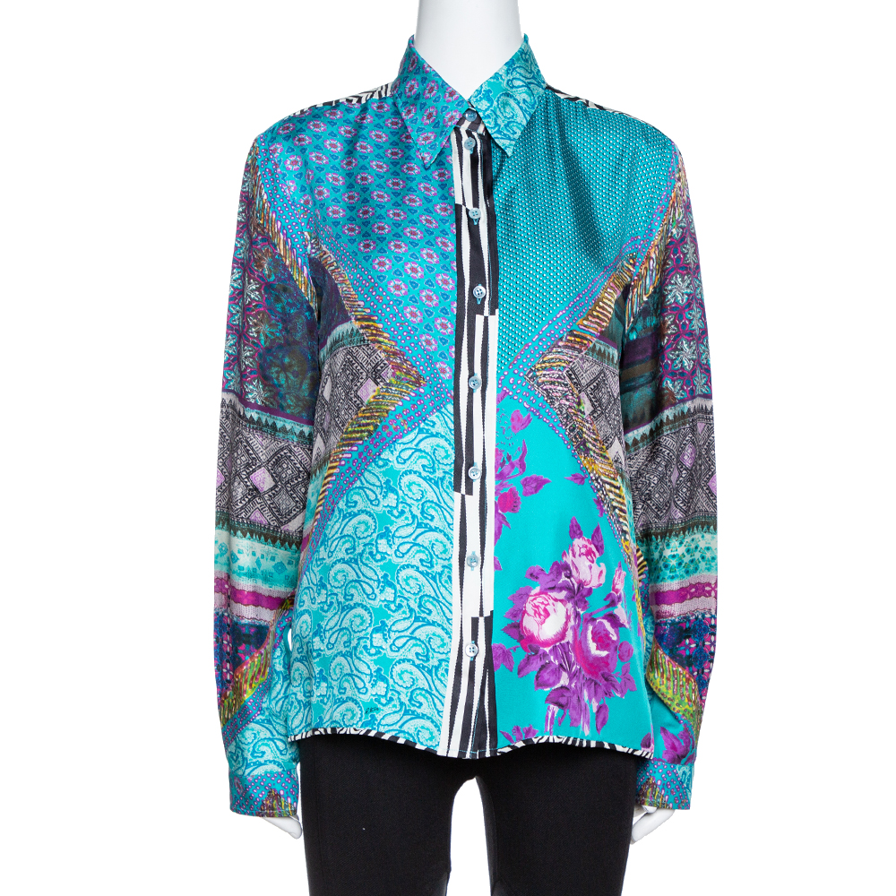 Etro Teal Blue Floral Print Silk Long Sleeve Shirt M Etro Teal Blue Floral Print Silk Long Sleeve Shirt M