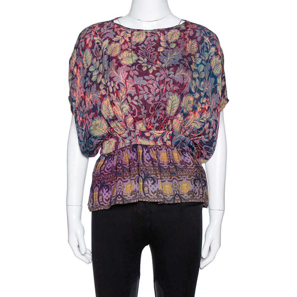 Etro Purple Leaf Print Silk Chiffon Peplum Blouse S Etro Purple Leaf Print Silk Chiffon Peplum Blouse S