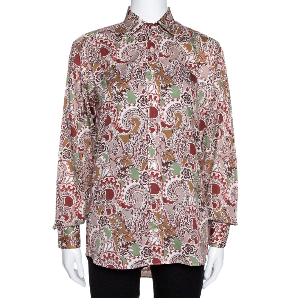 Etro Taupe Floral Paisley Print Cotton Long Sleeve Shirt S Etro Taupe Floral Paisley Print Cotton Long Sleeve Shirt S